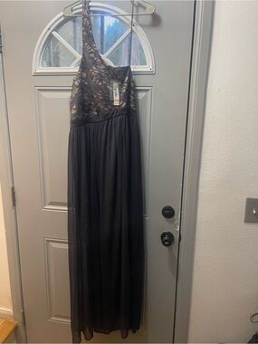 Elegant Charcoal/ Nude Lace One Shoulder Maxi Dress with Chiffon Skirt